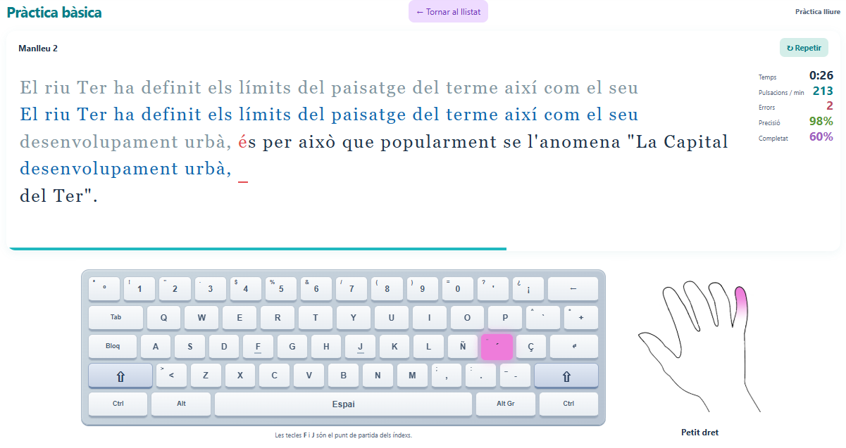 Exemple de pràctica de Meca amb el text a escriure, indicadors de velocitat i precisió, un teclat visual i l’ajuda del dit que cal utilitzar.